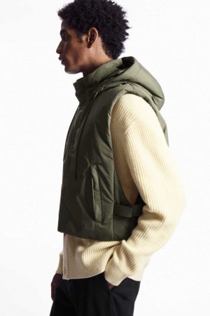 Men's COS Buckled-Side Padded Hooded Vest Dark Green | 8746FGPWU