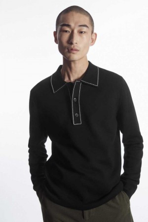 Men's COS Contrast-Stitch Wool Polo Shirts Black / White | 2784NXPSA