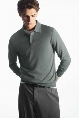 Men's COS Merino Wool Polo Shirts Green | 2145GJLQB