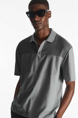 Men's COS Mesh-Panel Polo Shirts Grey | 0241YUQZO