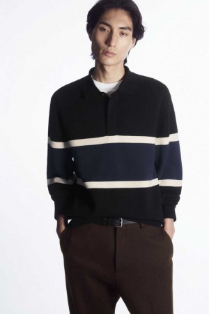 Men's COS Striped Polo Shirts Black | 1753KGFBP