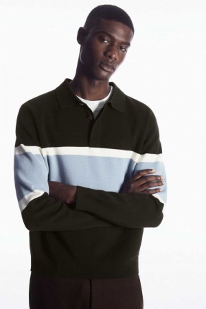 Men's COS Striped Polo Shirts Dark Brown | 8705IZCHS