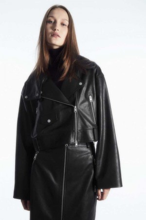 Women's COS Oversized Cropped Leather Biker Jackets Black | 4685LSUXR