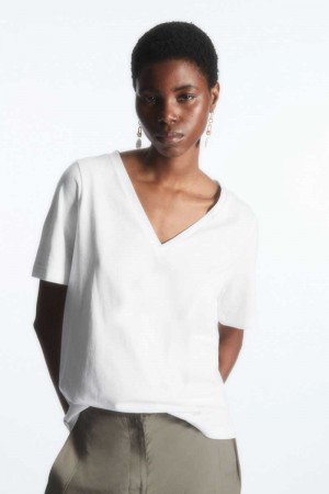 Women's COS V-Neck T-Shirt White | 3017VGLDY