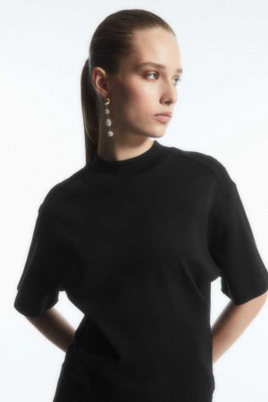 Women's COS Waisted Mock-Neck T-Shirt Black | 9673ZWHDE