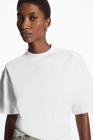 Women's COS Waisted Mock-Neck T-Shirt White | 1367KMPJB