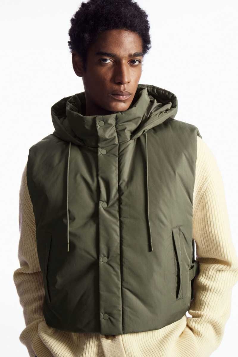 Men's COS Buckled-Side Padded Hooded Vest Dark Green | 5680WKRSM