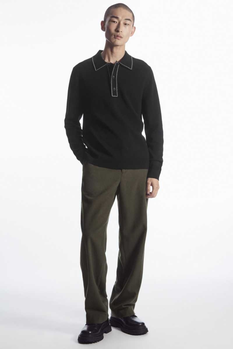 Men's COS Contrast-Stitch Wool Polo Shirts Black / White | 2784NXPSA