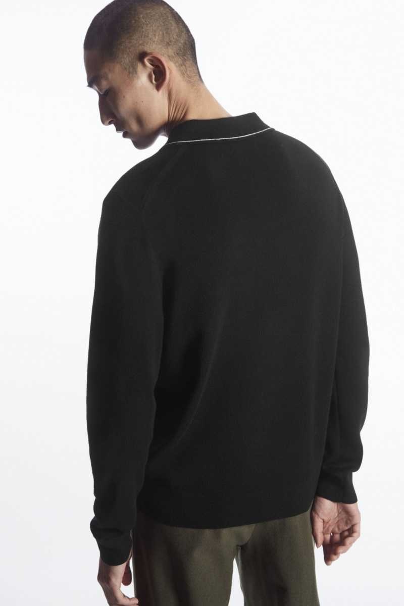 Men's COS Contrast-Stitch Wool Polo Shirts Black / White | 2784NXPSA