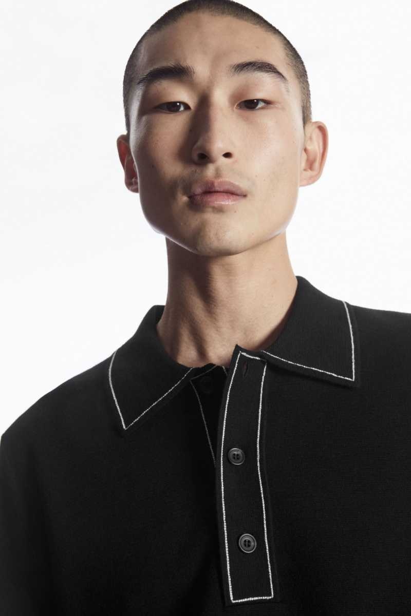 Men's COS Contrast-Stitch Wool Polo Shirts Black / White | 2784NXPSA