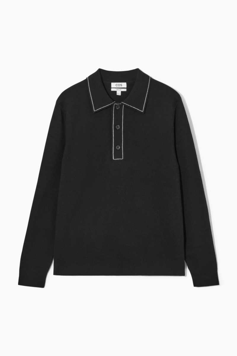 Men's COS Contrast-Stitch Wool Polo Shirts Black / White | 2784NXPSA