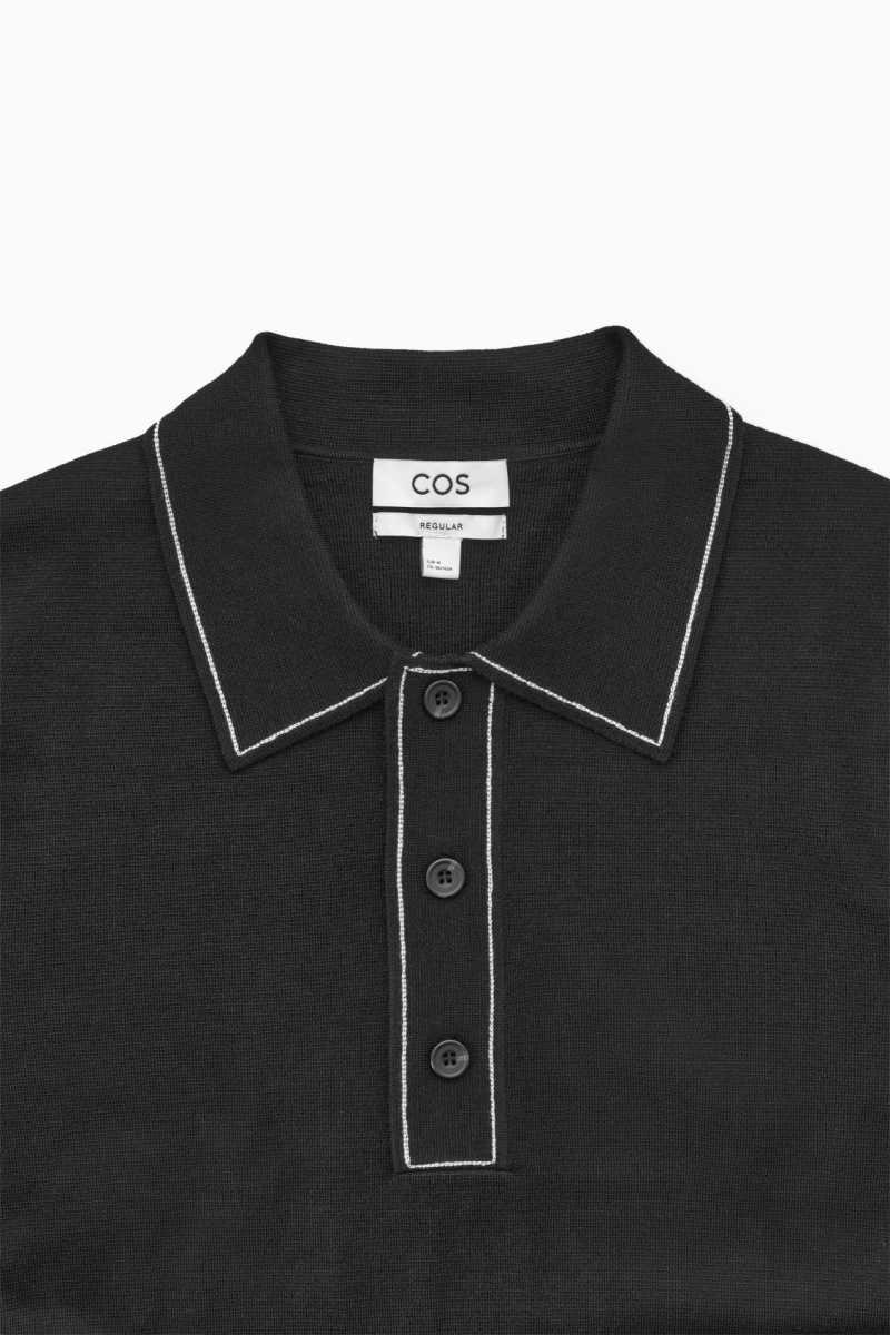 Men's COS Contrast-Stitch Wool Polo Shirts Black / White | 2784NXPSA