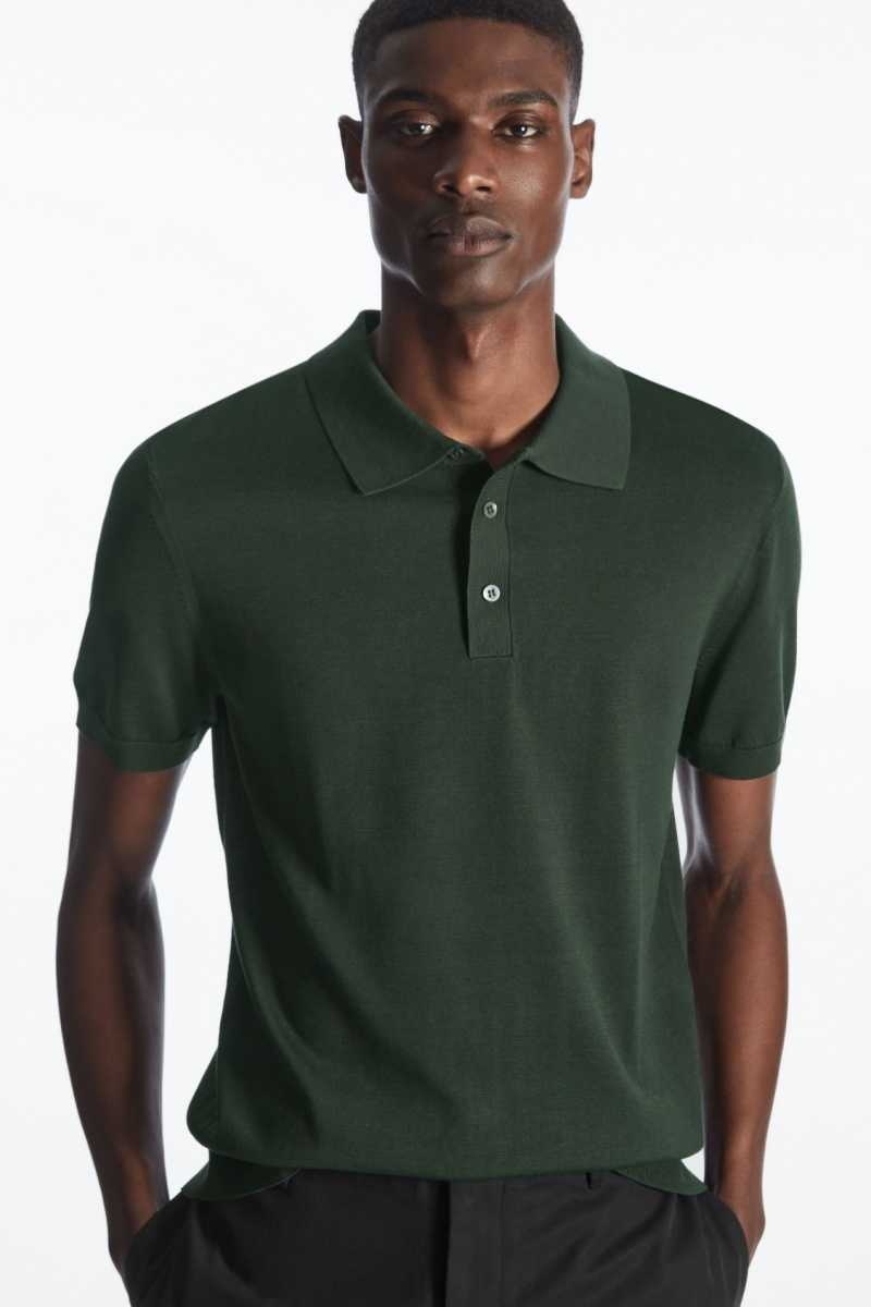 Men\'s COS Knitted Silk Polo Shirts Dark Green | 1957MDIFT