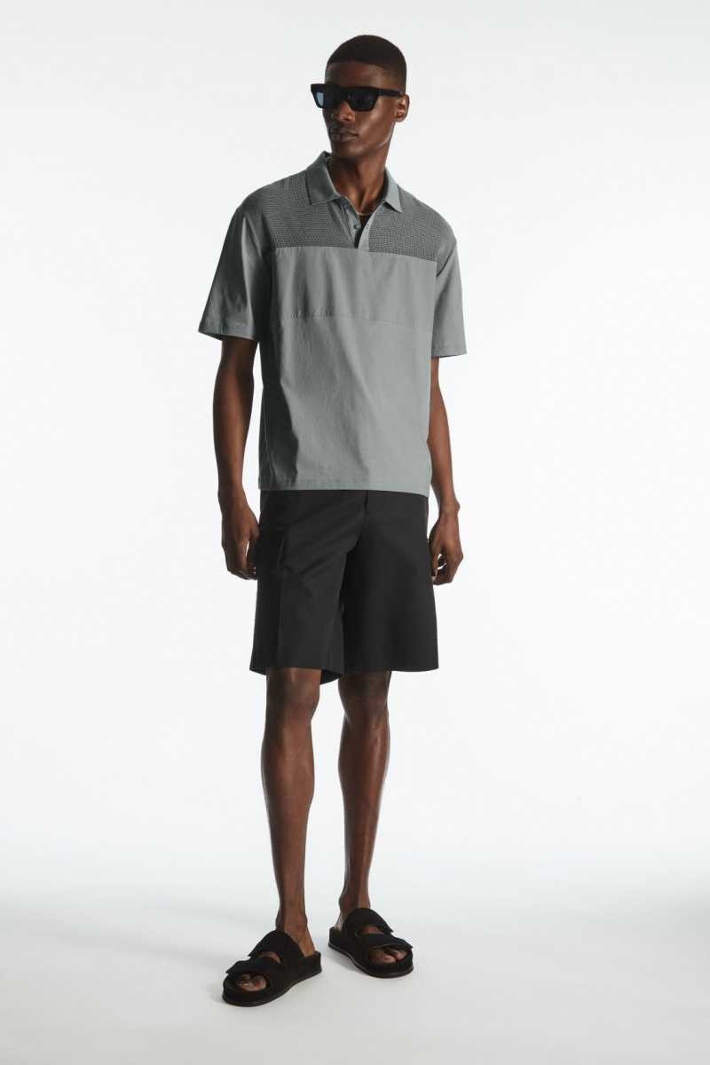 Men's COS Mesh-Panel Polo Shirts Grey | 0241YUQZO