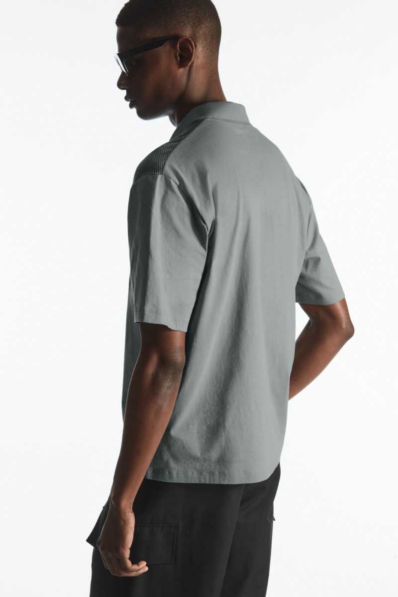 Men's COS Mesh-Panel Polo Shirts Grey | 0241YUQZO