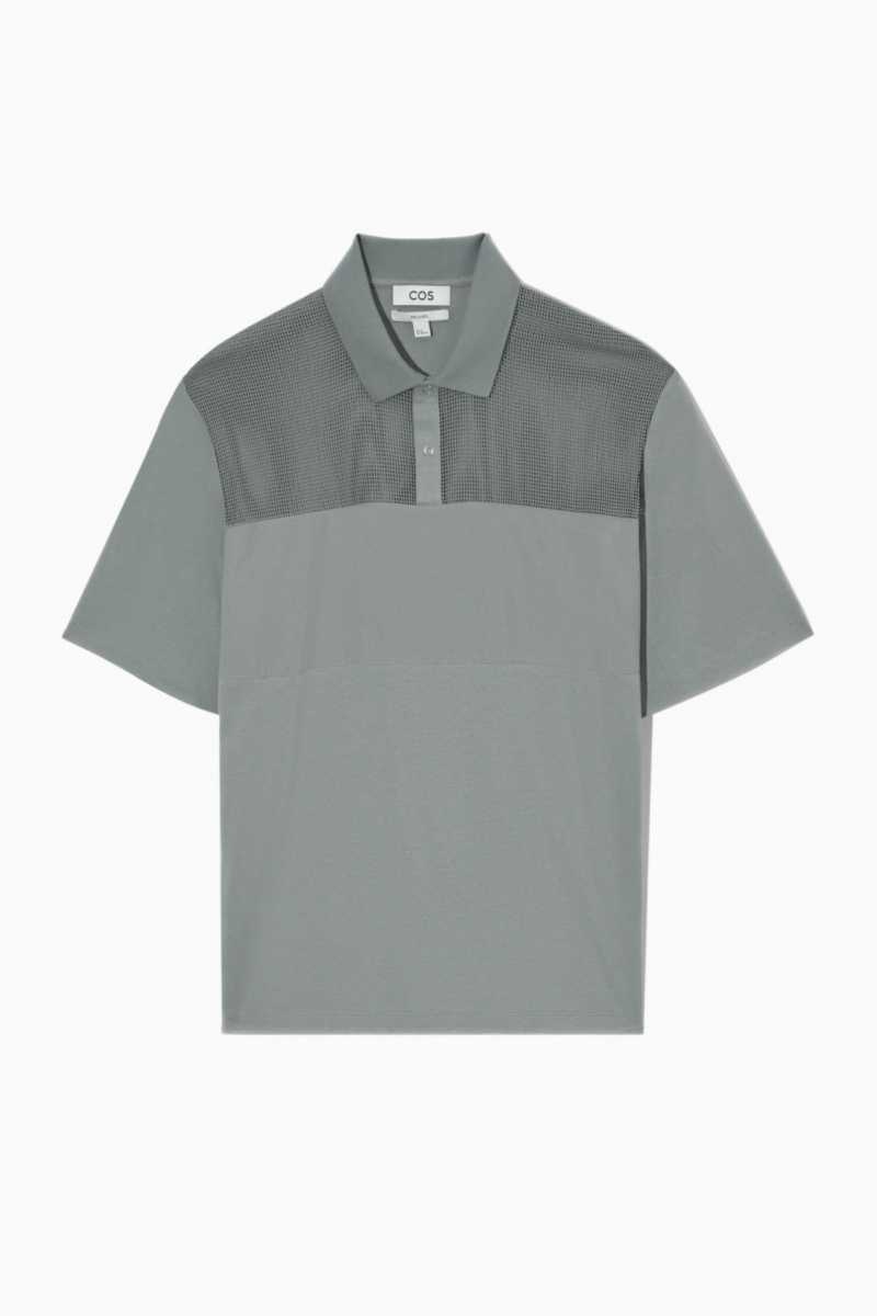 Men's COS Mesh-Panel Polo Shirts Grey | 0241YUQZO