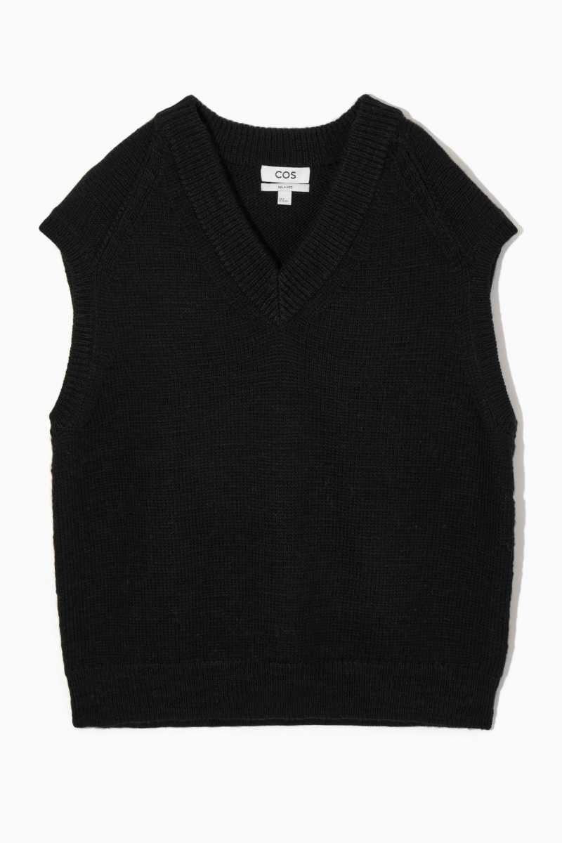 Men's COS V-Neck Textured-Wool Vest Black | 4681ENHDJ