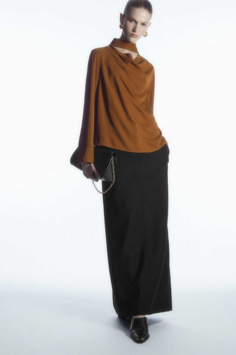 Women's COS Scarf-Detail Cutout Blouse Brown | 4021SHUJW