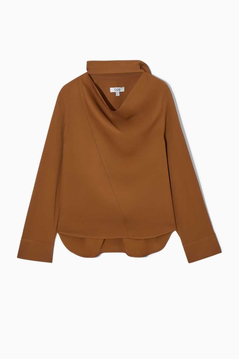 Women's COS Scarf-Detail Cutout Blouse Brown | 4021SHUJW