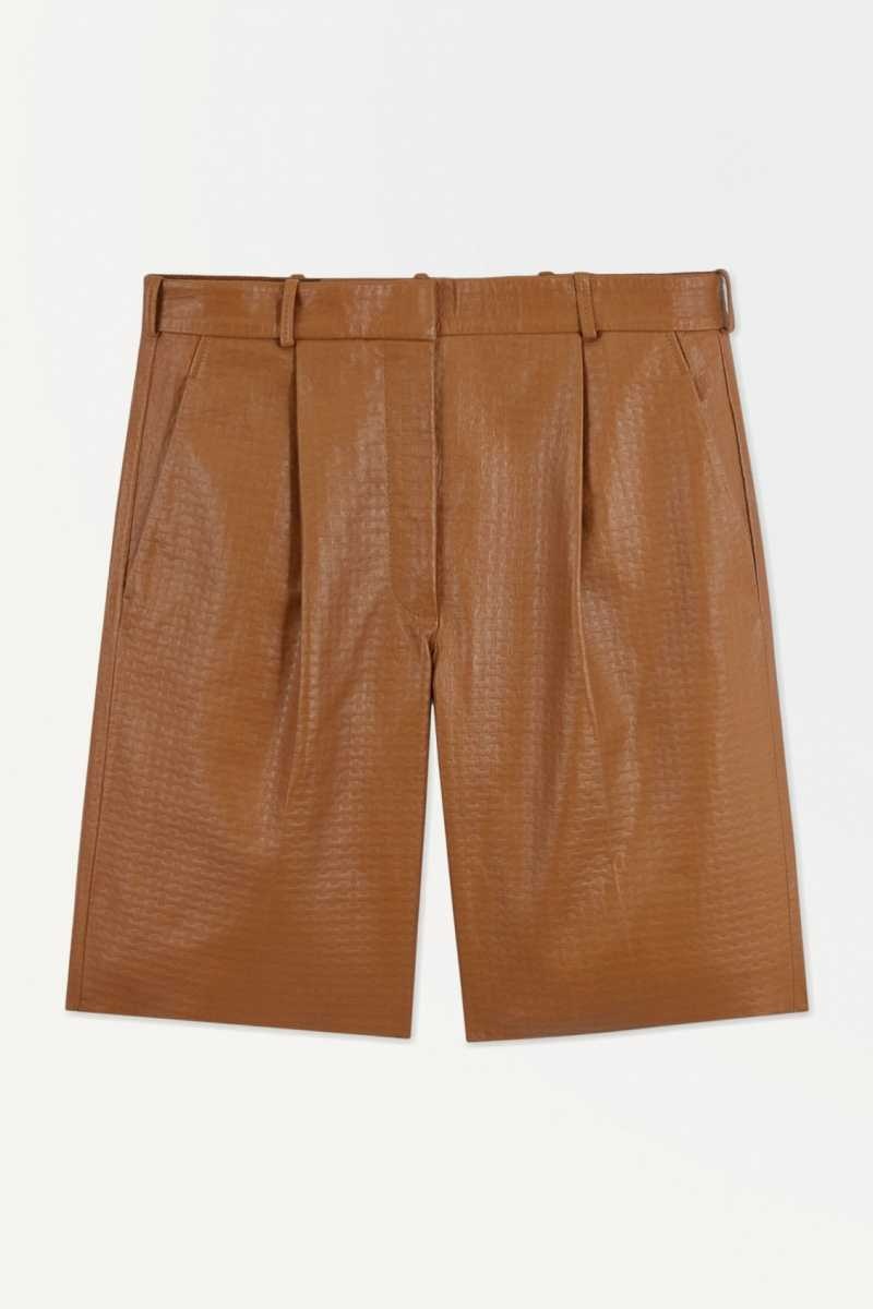 Women's COS The Embossed-Leather Bermuda Shorts Brown | 6503AMGPL